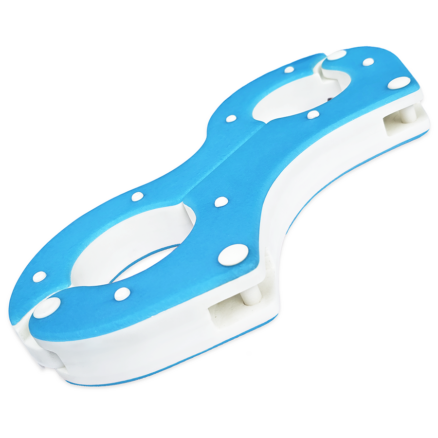 Handmade resin Shackled Wrist Pillory restraint, Blue and White, 30mm thick with a white 22mm core and 4mm coloured plates, secured with a clevis pin lock. Designed by Chantelleh23