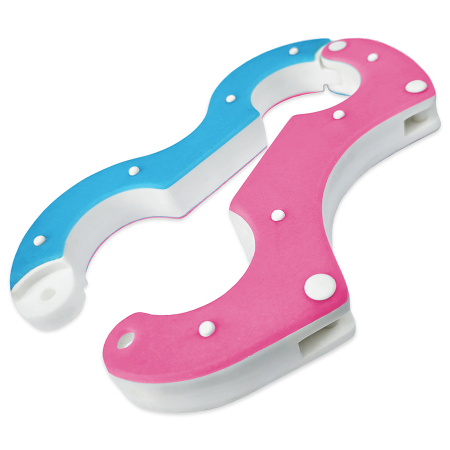 Handmade resin Shackled Wrist Pillory restraint, pink, blue and white, 30mm thick with a white 22mm core and 4mm coloured plates, secured with a clevis pin lock. Designed by Chantelleh23