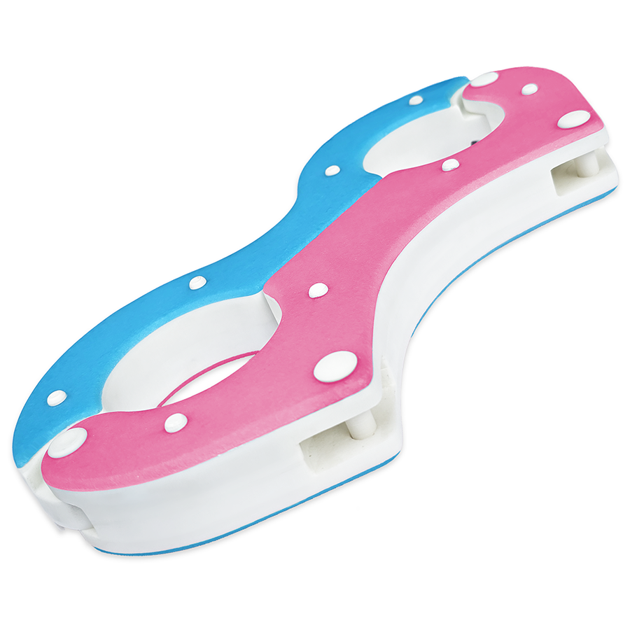 Handmade resin Shackled Wrist Pillory restraint, pink, blue and white, 30mm thick with a white 22mm core and 4mm coloured plates, secured with a clevis pin lock. Designed by Chantelleh23