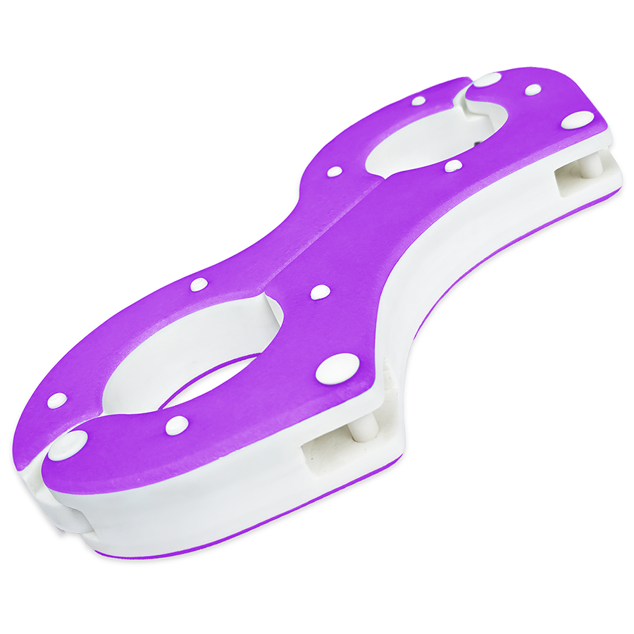 Handmade resin Shackled Wrist Pillory restraint, purple and white, 30mm thick with a white 22mm core and 4mm coloured plates, secured with a clevis pin lock. Designed by Chantelleh23