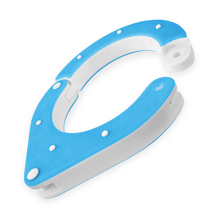 Handmade Shackled BDSM collar with shackle pin, unlocked, designed by Chantelleh23 – high-quality, lightweight, and perfect for sensory play. blue and white, side view unlocked