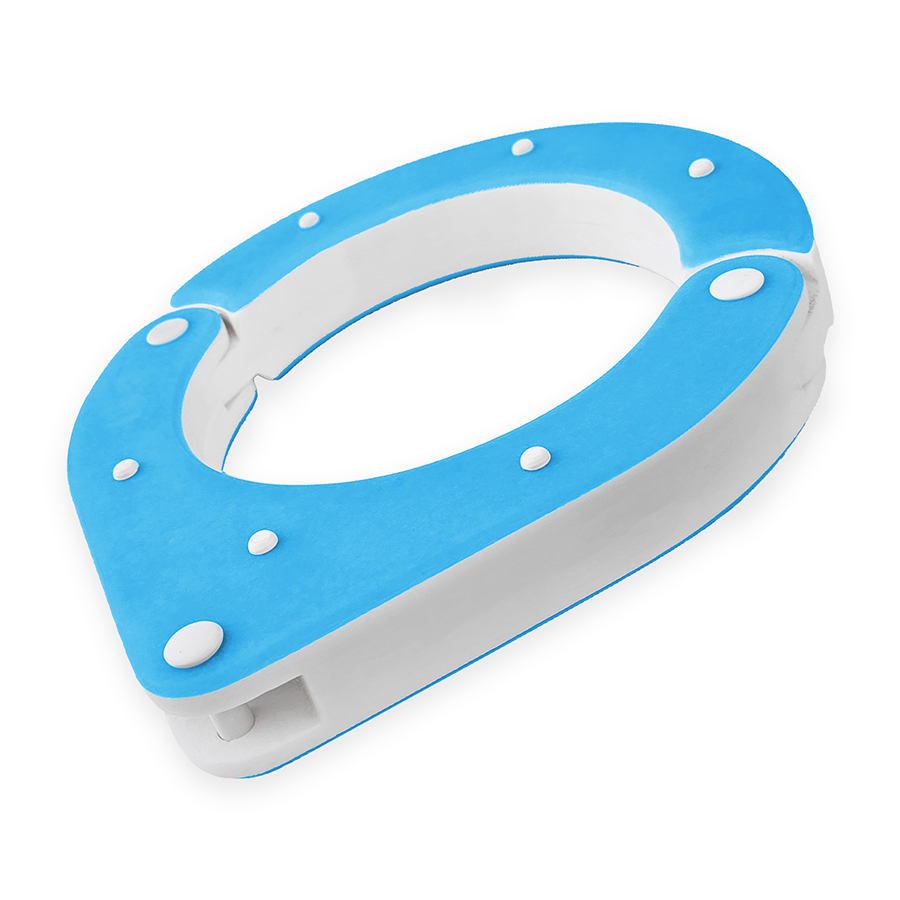 Handmade Shackled BDSM collar with shackle pin, designed by Chantelleh23 – high-quality, lightweight, and perfect for sensory play. Blue and white side view.