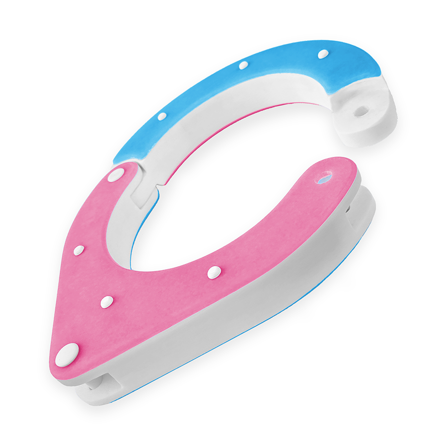 Handmade Shackled BDSM collar with shackle pin, unlocked, designed by Chantelleh23 – high-quality, lightweight, and perfect for sensory play. pink, blue and white, side view unlocked