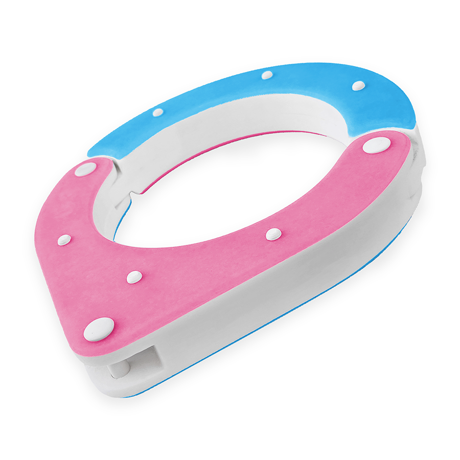 Handmade Shackled BDSM collar with shackle pin, designed by Chantelleh23 – high-quality, lightweight, and perfect for sensory play. Pink, blue and white side view.