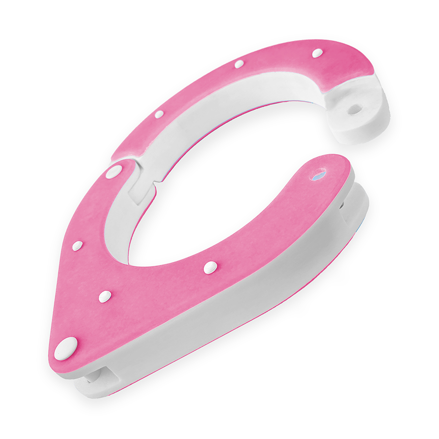 Handmade Shackled BDSM collar with shackle pin, unlocked, designed by Chantelleh23 – high-quality, lightweight, and perfect for sensory play. pink and white, side view unlocked