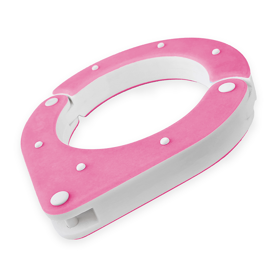 Handmade Shackled BDSM collar with shackle pin, designed by Chantelleh23 – high-quality, lightweight, and perfect for sensory play. Pink and white side view.