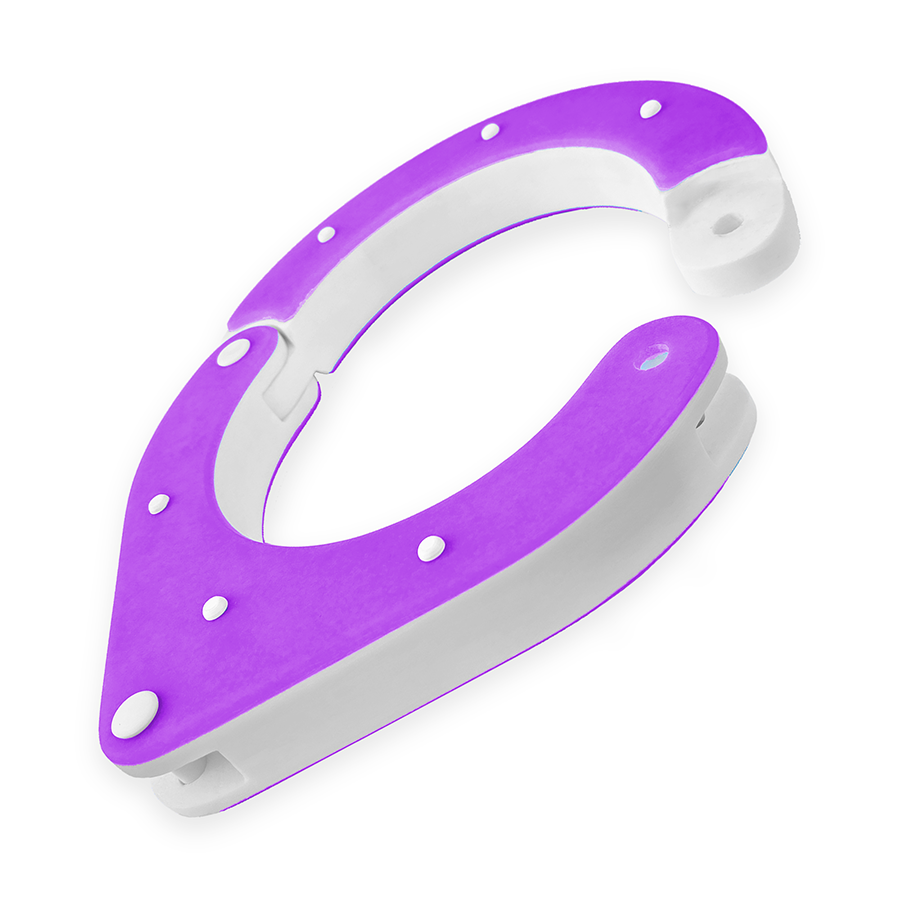 Handmade Shackled BDSM collar with shackle pin, unlocked, designed by Chantelleh23 – high-quality, lightweight, and perfect for sensory play. purple and white, side view unlocked