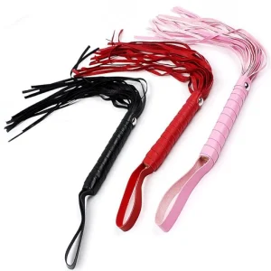 bdsm flogger, red, black, pink, flogger, leather flogger, whip, red whip, black whip, pink, whip